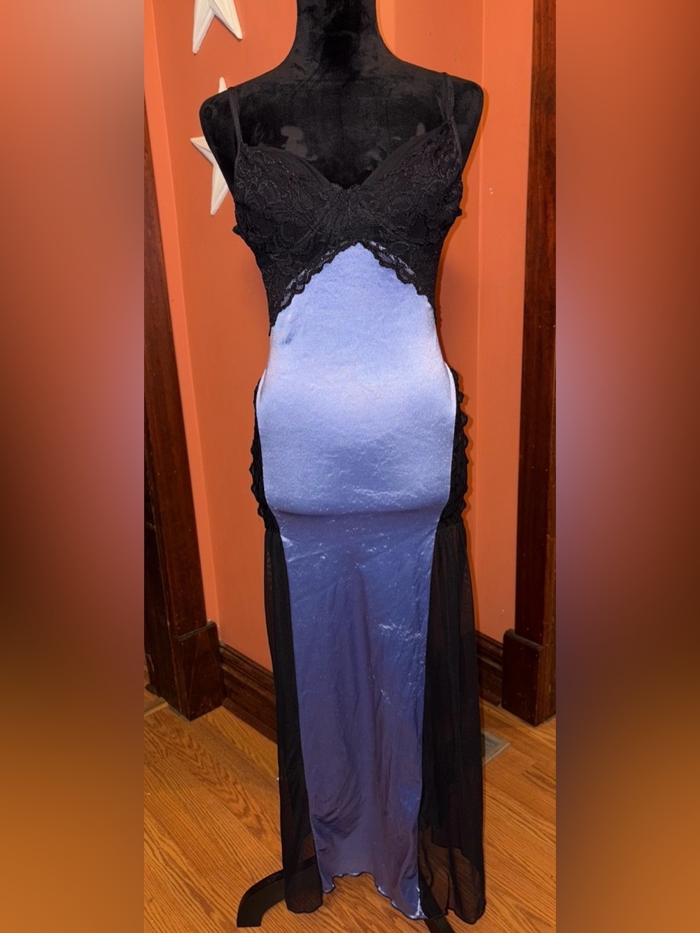 Vintage Shirley of Hollywood Black Lace/mesh & Periwinkle Satin Evening Gown